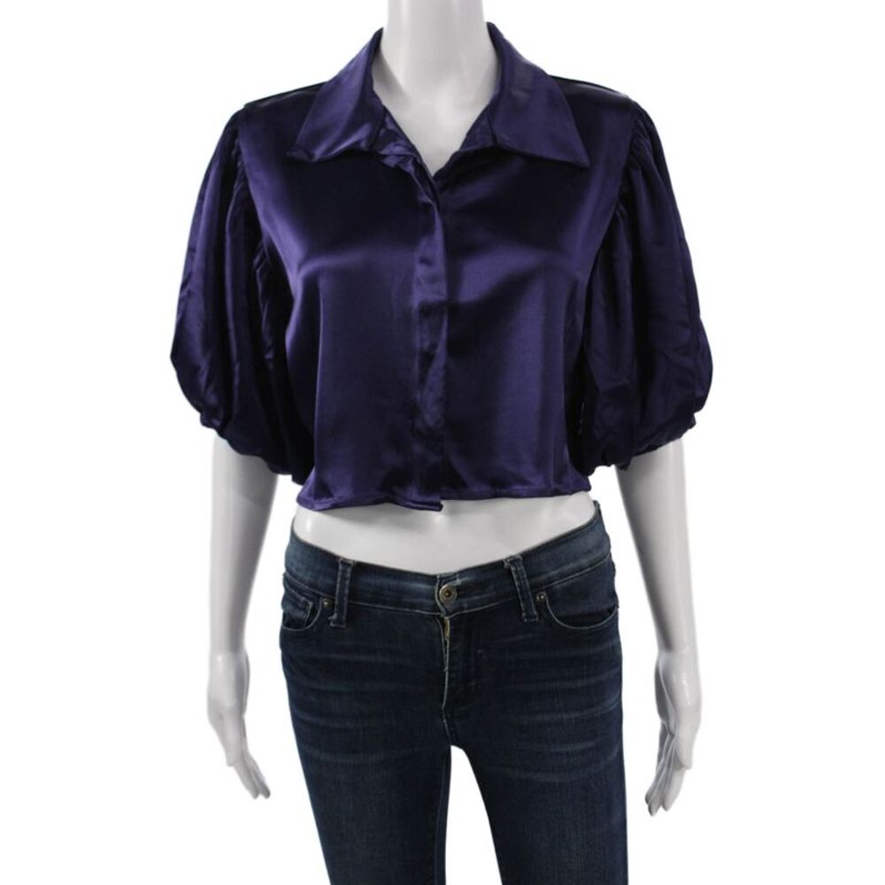 Parentezi Womens Cropped Satin Collared Button 3/4 Sleeve Blouse Size M